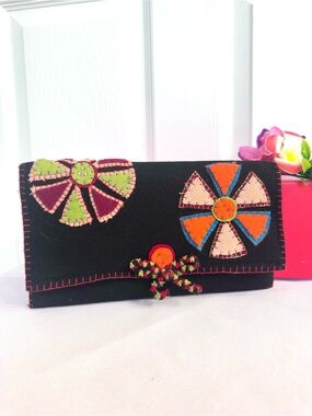 WALLET ~ Handcrafted Black Felt Floral Wallet w/Multicolor Appliqué Accents